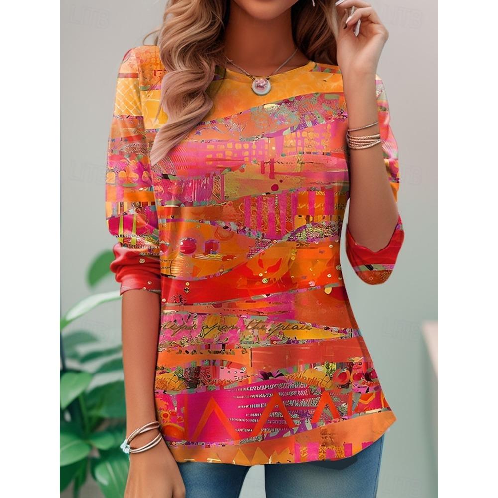 Women's T Shirt Ombre Graphic Geometric Long Sleeve Round Neck Regular Tops Daily Sports Going Out Print Summer