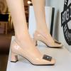 American Style Banquet TemperamentThick Heel Shallow Mouth Square Toe Patent Leather Metal Buckle Medium Heel Single Shoes