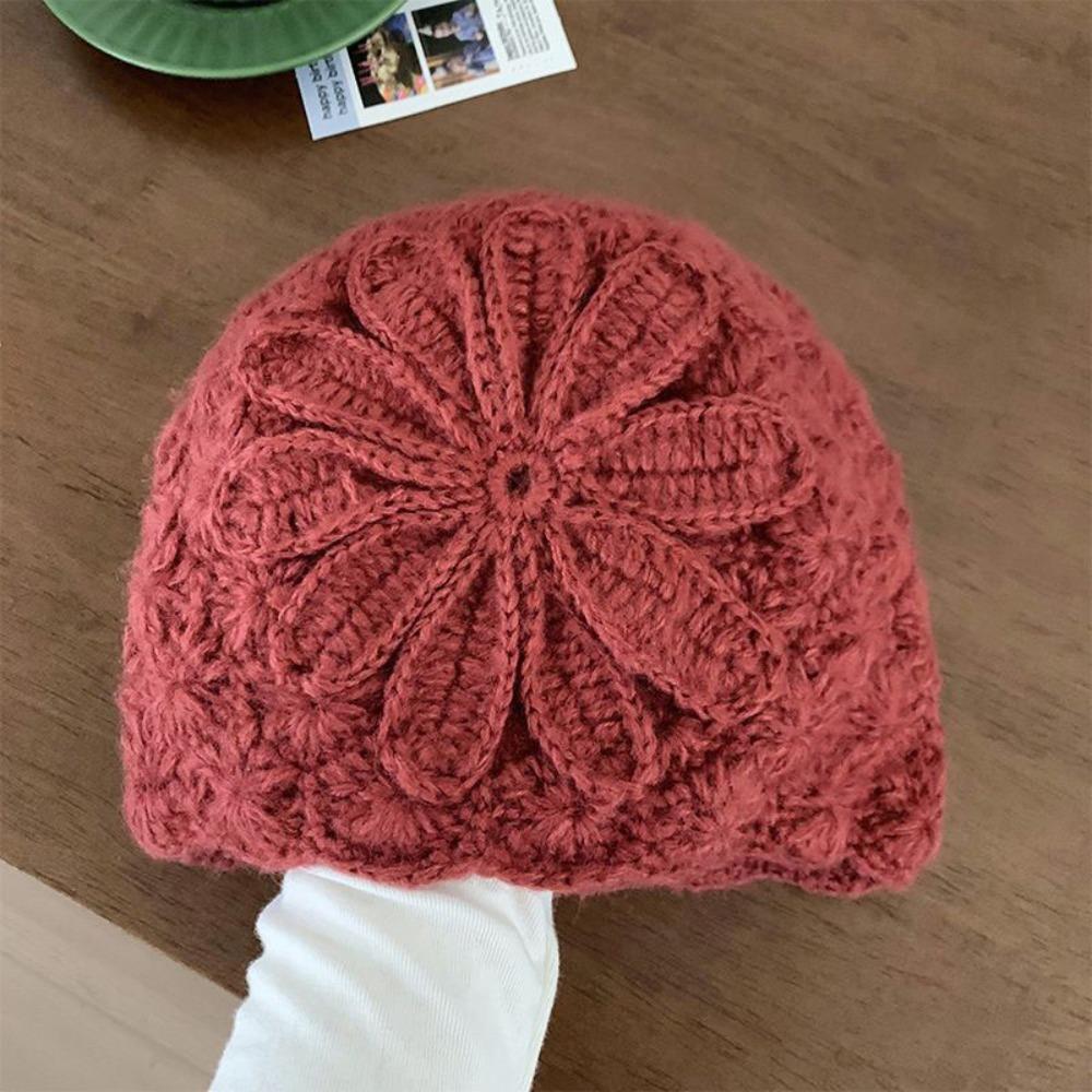 Flower Decorated Knitted Cap Warm Women's Beanie Retro Woolen Cap Outdoor