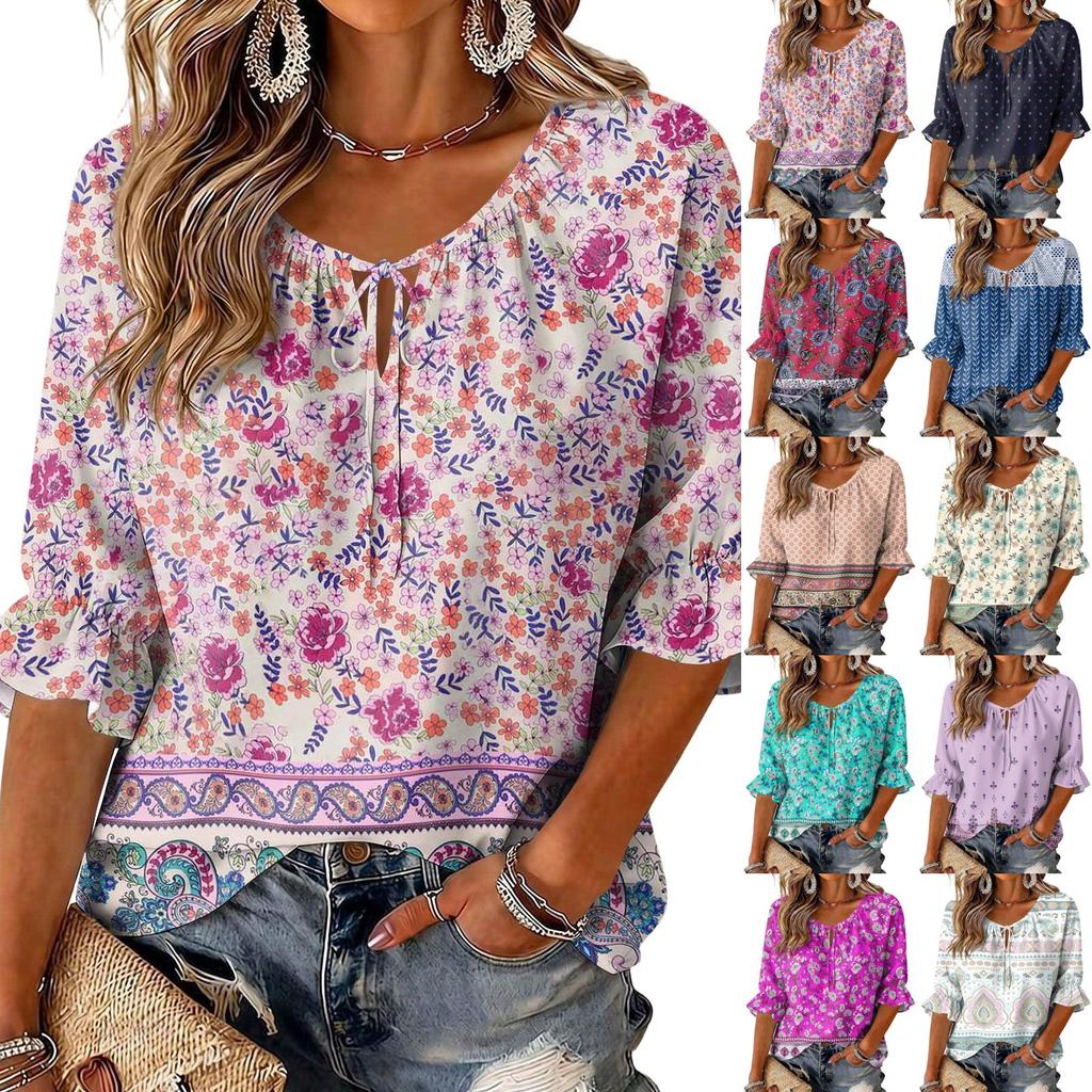 Damen Vintage Blumenmuster Bluse mit Bindekragen und Rüschen-Dreiviertelärmeln