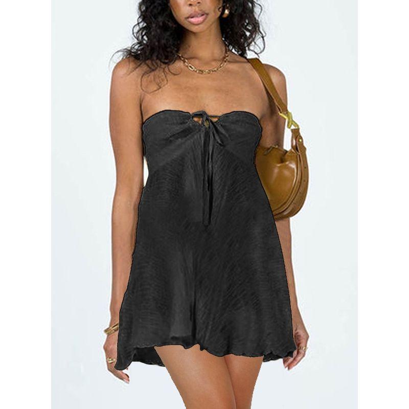 Graceful Personality Women's Clothing European American Summer New Fashion Tube Top Sexy Open Back Pure Color High Waist Dress