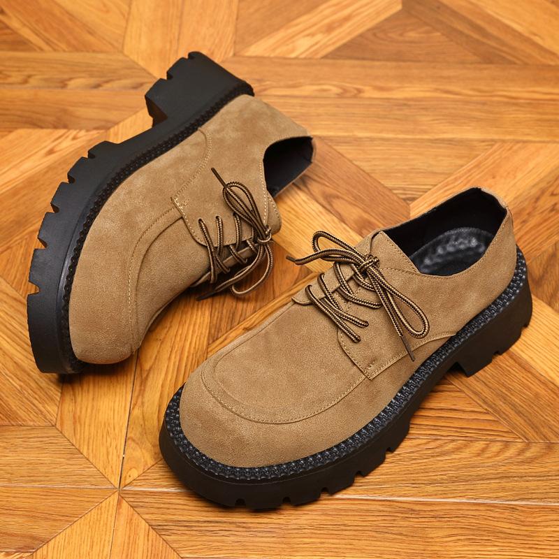 2025 autumn men's platform loafers lace-up cowhide suede leather shoes big head fashion casual platform men's shoes