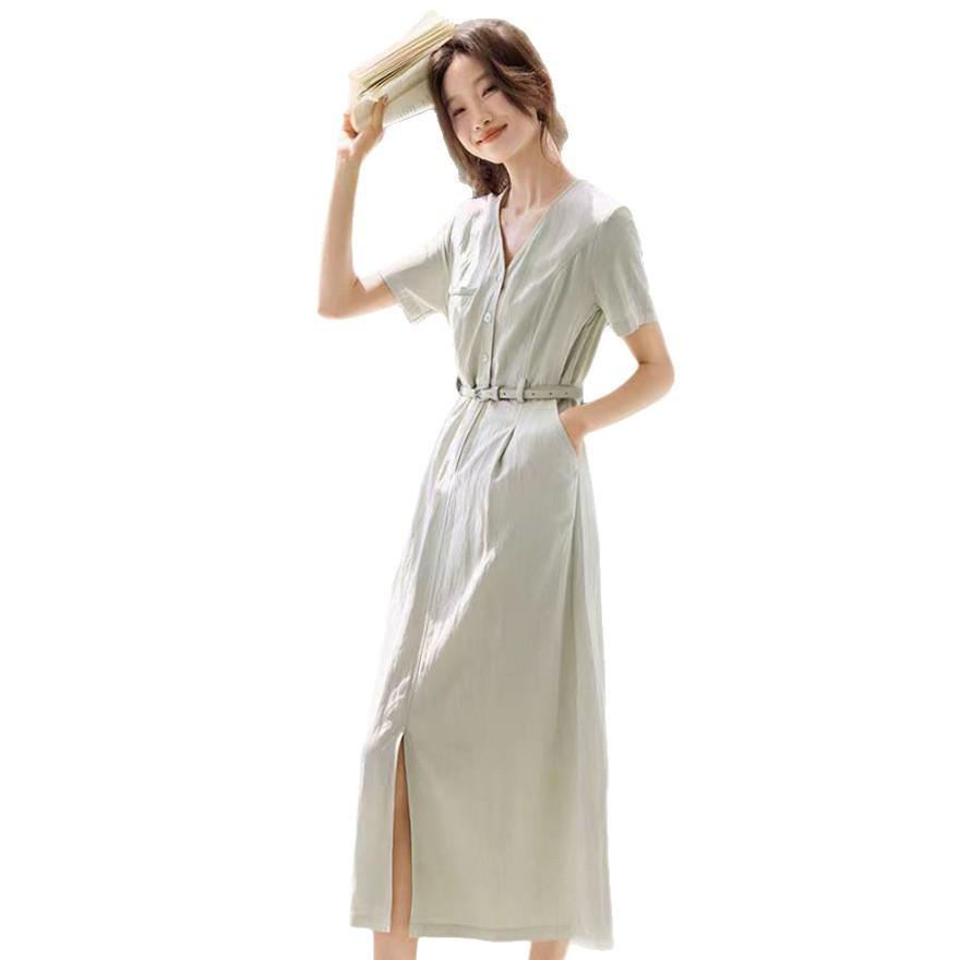 Summer new fashion design sense simple temperament short-sleeved Tencel dress waist thin belly long skirt