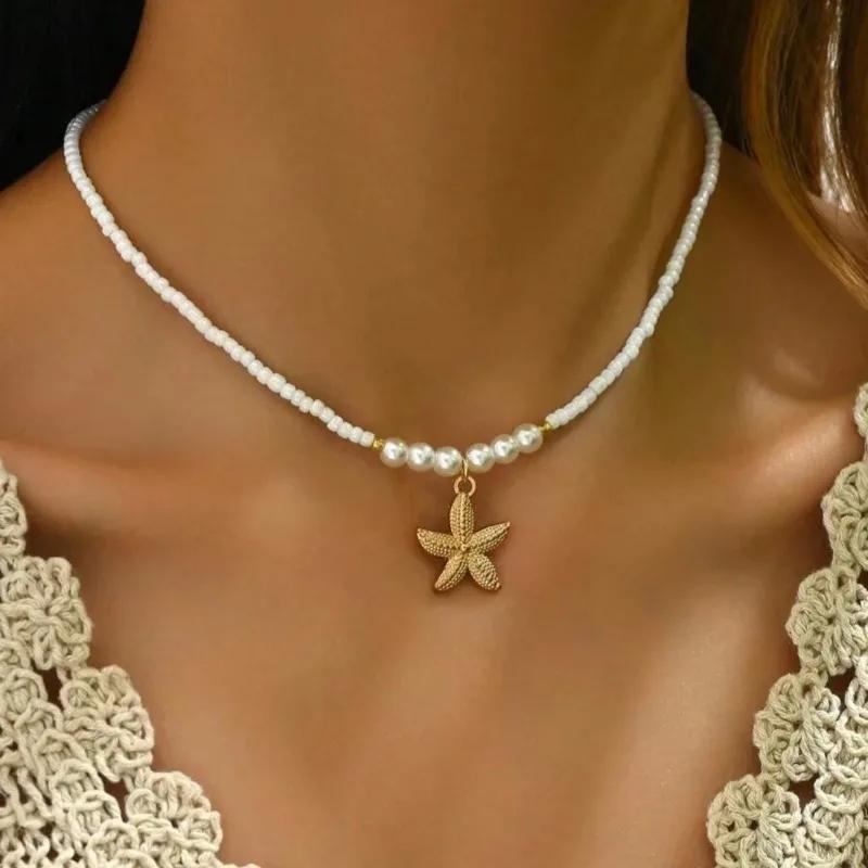 Bohemian Rice Beads Starfish Pendant Necklace for Women Handmade Imitation Pearl Colorful Beaded Choker Summer Beach Jewelry