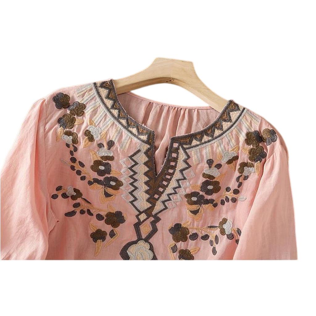 Damen Retro Besticktes Baumwoll-Leinen Stilvolles Lässiges Hemd Top