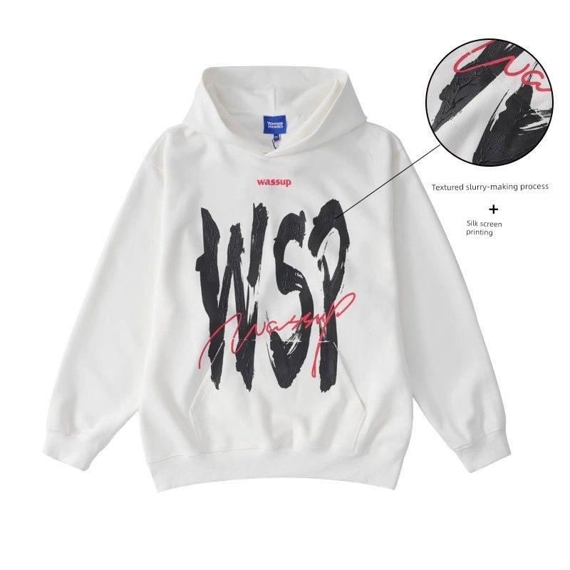 Wassup American-Style Inkjet Letter Sweatshirt for Men, Hooded, Autumn and Winter 2024 New Loose Casual Jacket Hoodie for Couples