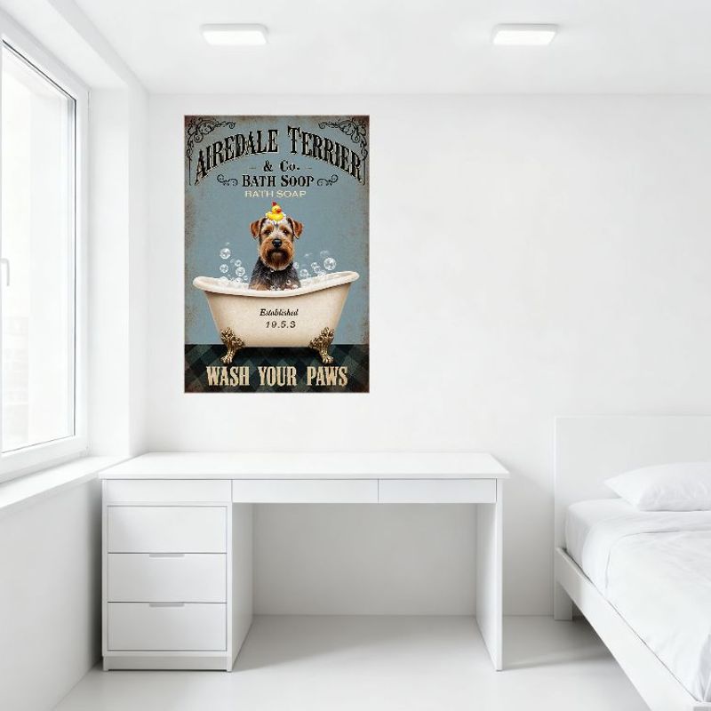 Vintage Airedale Terrier & Co. Bath Soap Metal Sign, Retro Clawfoot Tub with Soapy Bubbles Tin Sign for Home Bar Pub Wall Decor