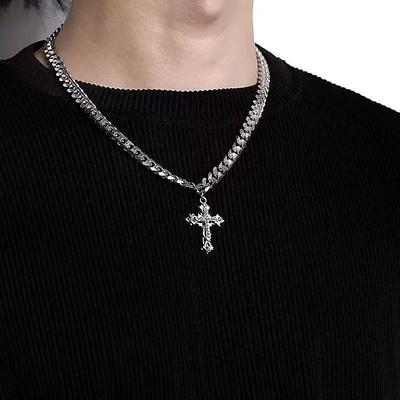 Cuban Chain Cross Pendant Necklace for Men Hip-Hop Titanium Steel Urban Thick Bracelet Accessory