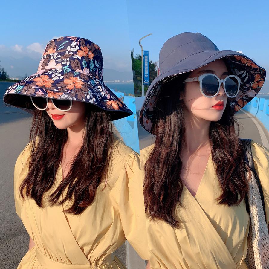 Large Brim Fisherman's Hat Double-sided Wearable Printed Cotton Shade Hat Temperament Versatility Female Spring Summer Sunscreen