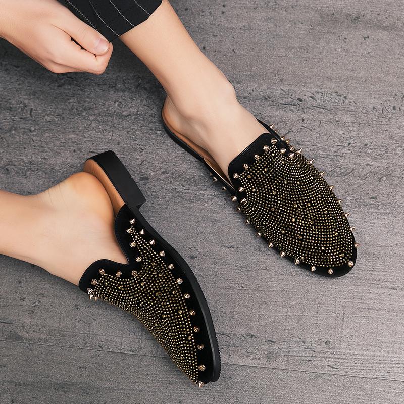 Summer Willow Nail Men's Shoes Nightclub Party Trendy Shoes Half Drag Loafer Men's 47Leather Slip on Breathable Casual Moccasins