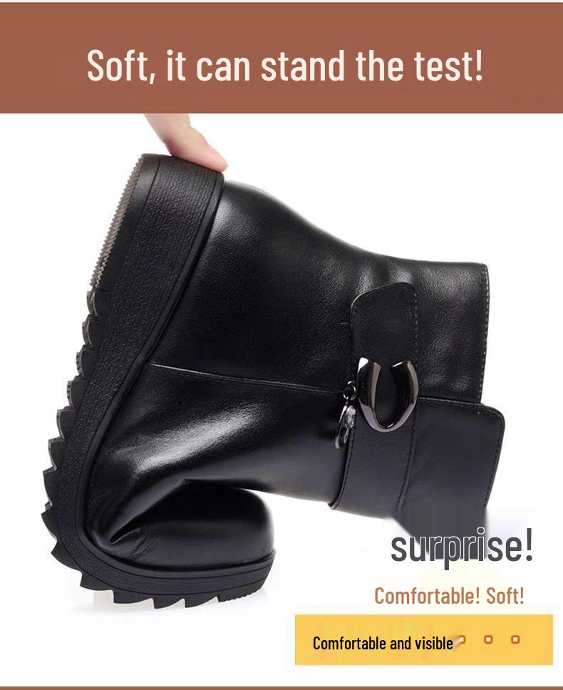 Women's Winter Plush Leather Ankle Boots - Soft Sole, Non-Slip, Ideal for Middle-Aged and Elderly.