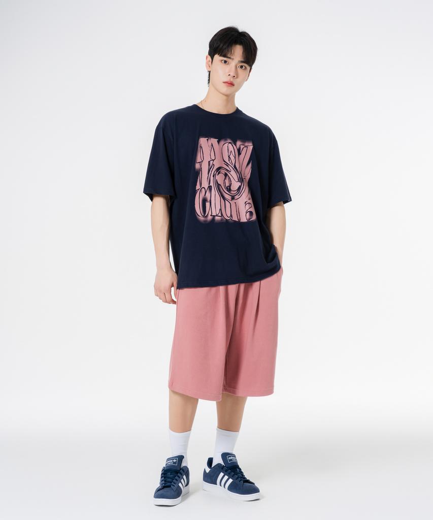 MOZMOZ [Set] Chaos Short Sleeve + Double Cotton Wide Single-Pleat Shorts Set-Up Navy