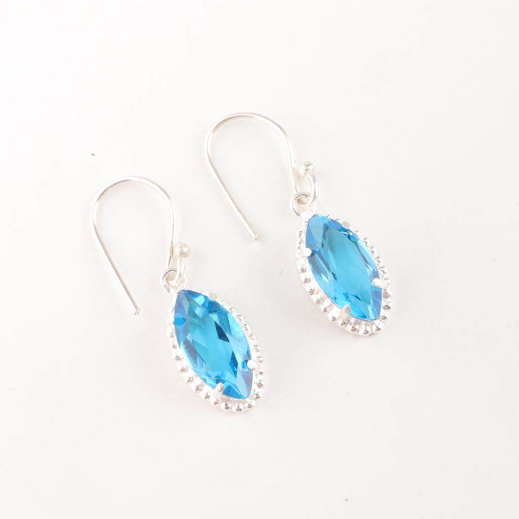 Natural Swiss Blue Topaz Gemstone 925 Fine Silver Jewelry Handmade Earrings 1.4" EE-169-8