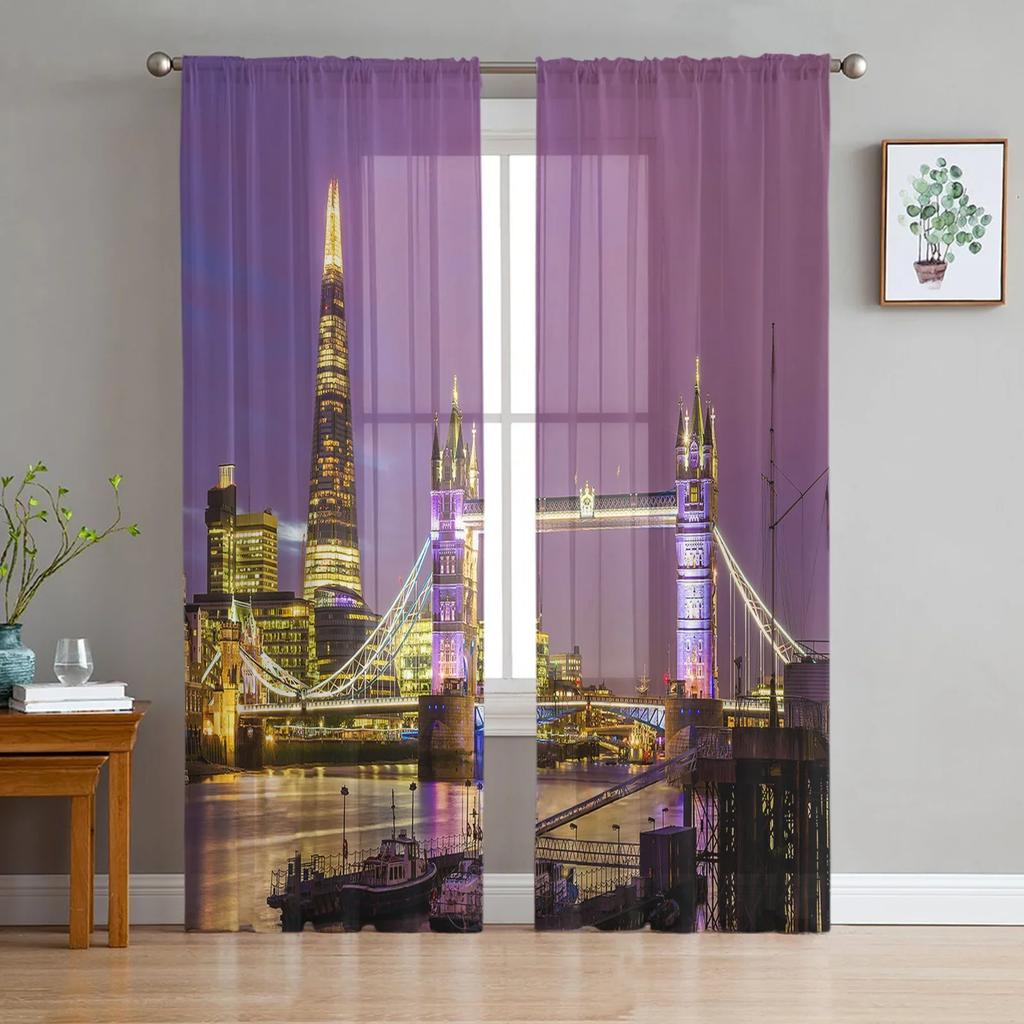 Manhattan City Night View Skira gardiner för vardagsrumsdekoration Tyll Voile Organza Fönstergardiner för kök sovrum
