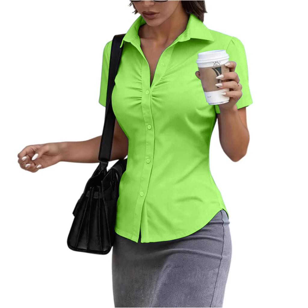 Women's Short Sleeve Button Down Shirt Slim Fit Collared Blouse Office Workwear Casual Top with Ruched Front Design