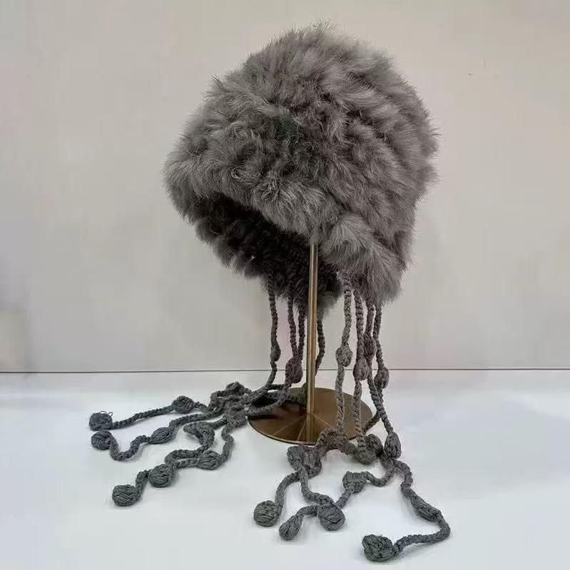 

Women s Handmade Rabbit Fur Crochet Hat: Soft, Warm, Ear-Protecting Plush for Autumn and Winter One Size