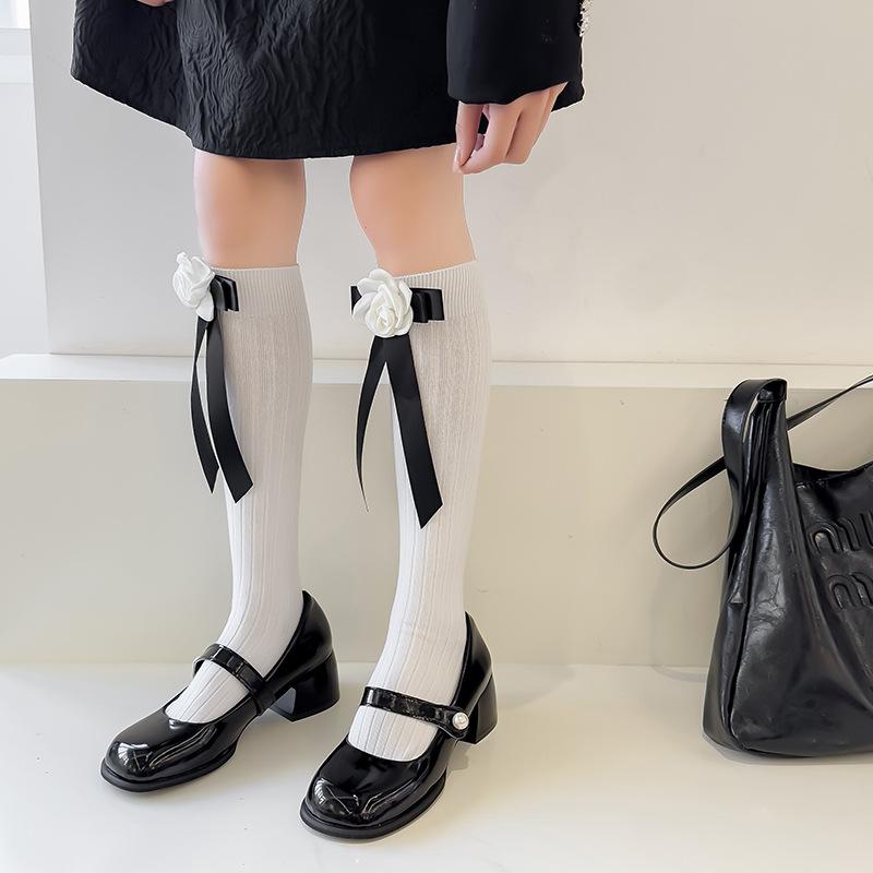 Lolita Jk Schleife Mittelhohe Socken 3D Kamelienblume Krawatten-Socken Ballett Sommer Dünne Schwarz-Weiß Socke Y2K Partykleider Socken