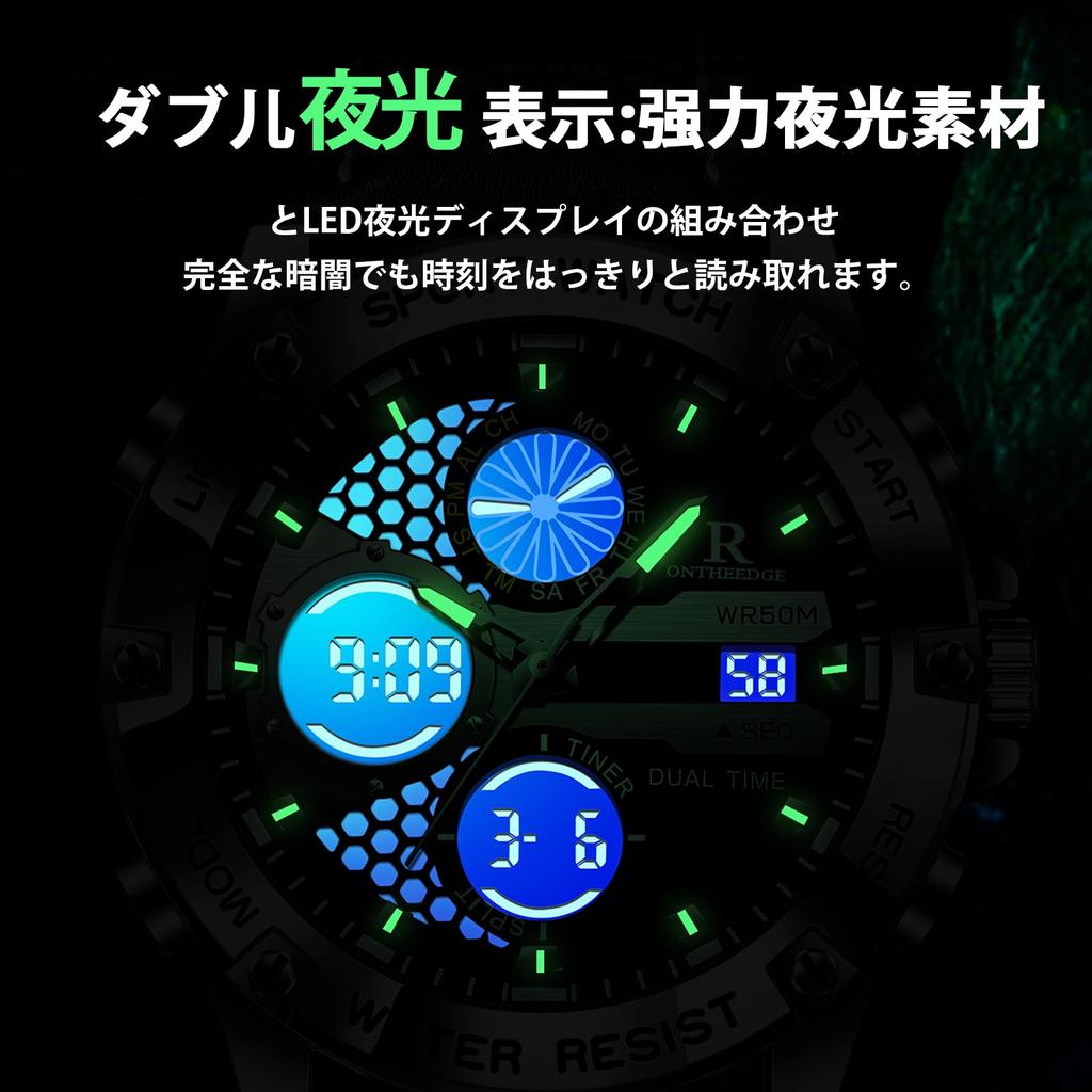 Quartz 5 ATM Water Luminous Genuine Leather Dual Large Suitable for Job Gift Men's Watch, Analog-Digital Watch, Resistant, Hands, Strap,