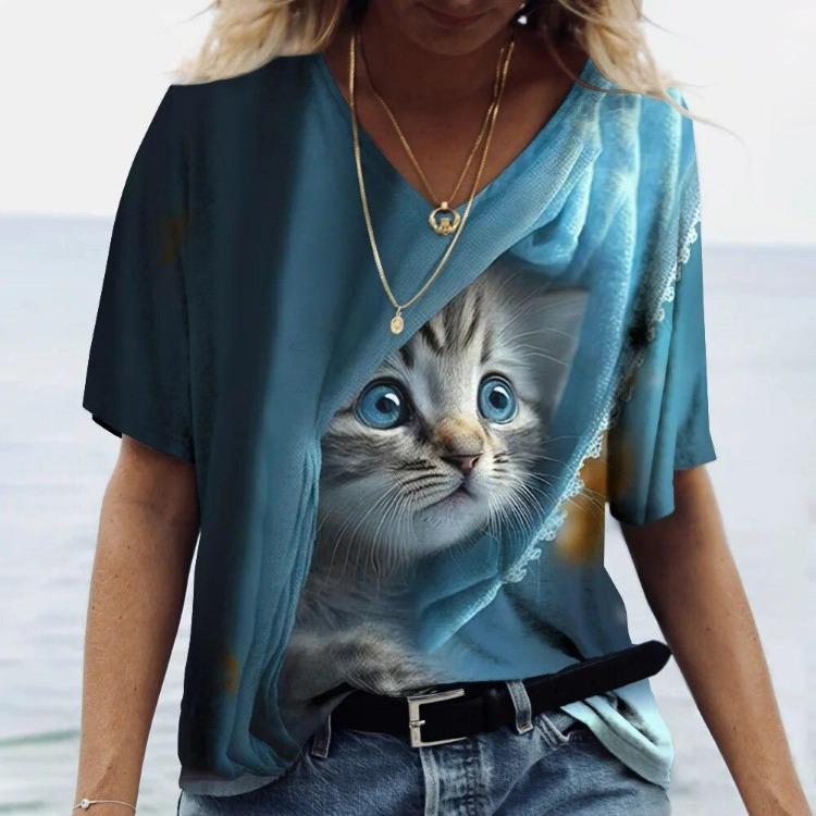Women's Kawaii Cat Print 3D T Shirt Short Sleeve V Neck Tees Casual Holiday Top Female T Shirt