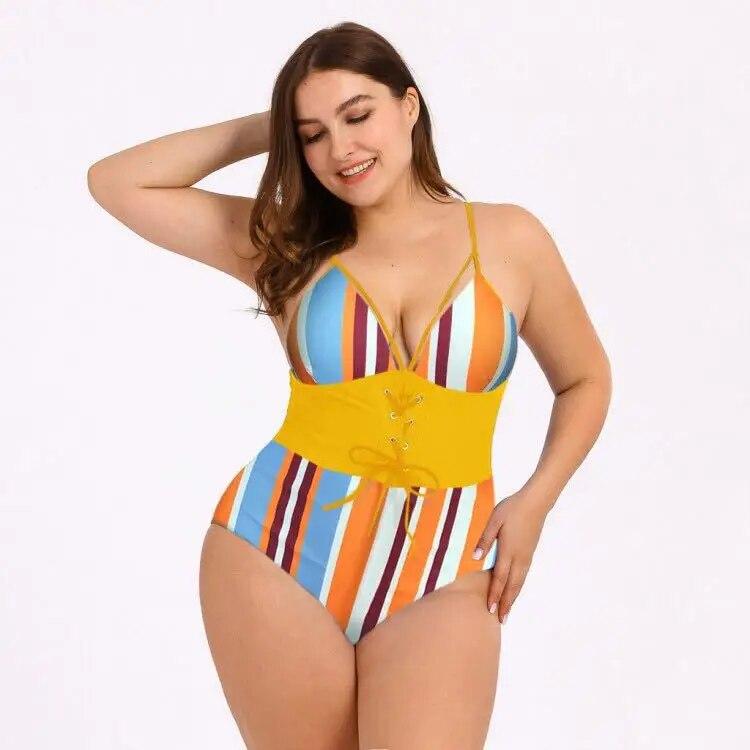2024 Sexy Tied Corset Swimwear Women Striped Print One Piece Swimsuit Monokini Hollow Push Up Bathing Suit Beachwear