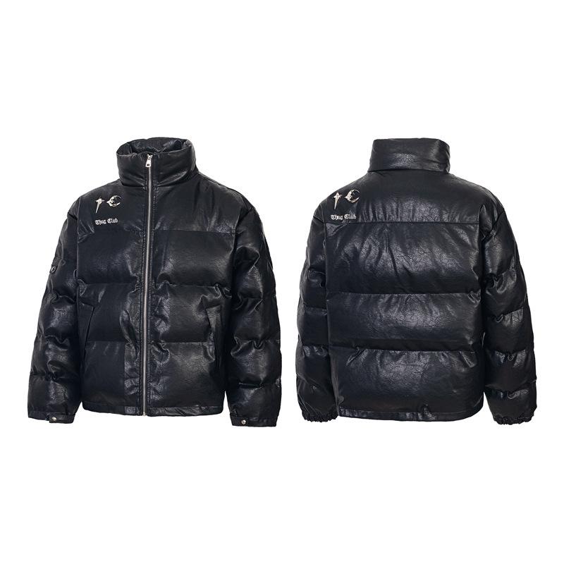 

High Street VIBE Embroidered Star & Moon PU Leather Cotton Puffer Jacket with Stand Collar for Men & Women Size 3