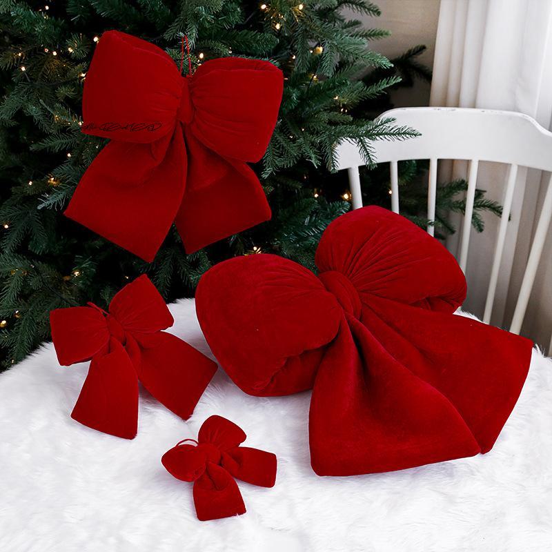 Velvet Red Christmas Bow Knot Hanging Ornaments DIY Xmas Tree Decorations Holiday Home Party Baubles Pendant