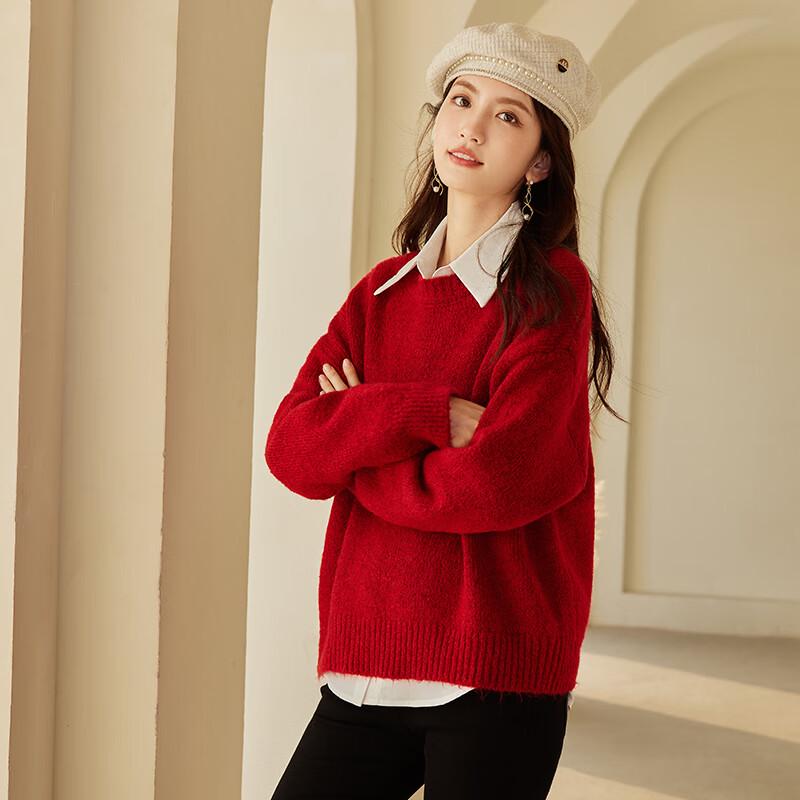 VICTORIA&VERA Women's Red Wool Blend Round Neck Knitted Sweater