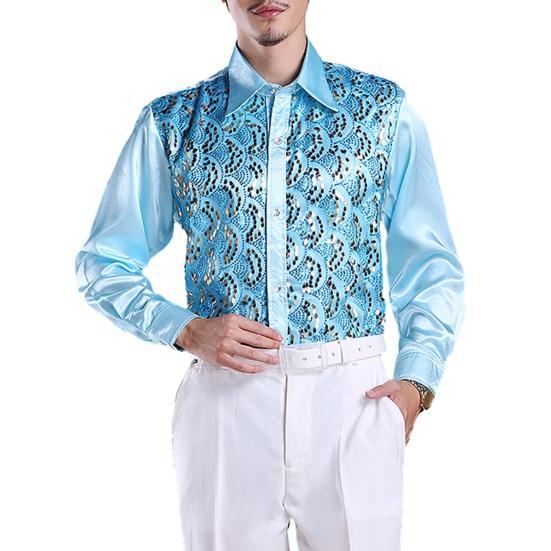 Herren Luxus Paillettenhemd Figurbetontes formelles Hemd für Hochzeit Einreihiges Hemd mit langen Ärmeln Revers