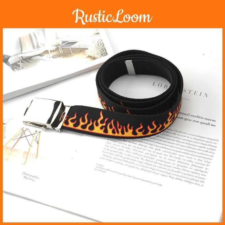 Pattern Flame Fashionable Metal Buckle Decoration Men Casual Woven Belt Canvas