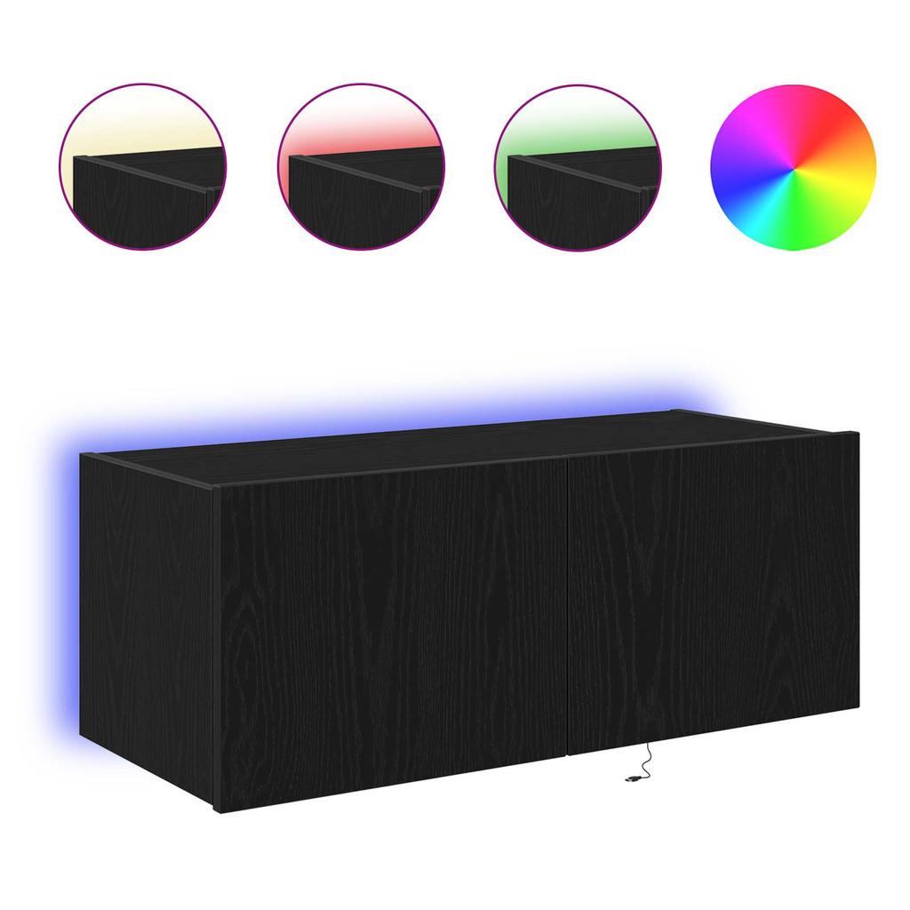 Wall Mounted TV Cabinet with LED Lighting Black Oak Effect 80 X 35 X 31 Cm