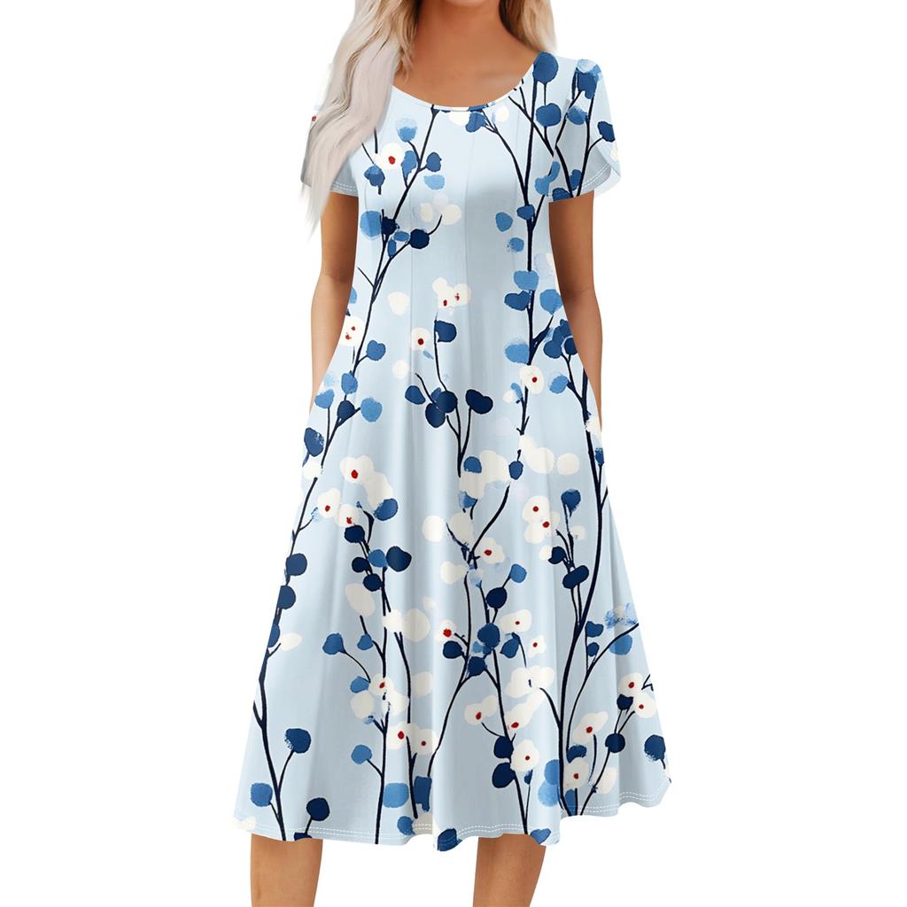 Women's Casual Fashion Round Neck Printed Short Sleeve Pocket Dress