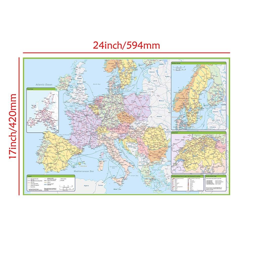Europäisches Eisenbahnnetz Kartenposter - Detaillierte Kontinentale Zugrouten Wandkunst Dekoration für Zuhause Büro, Pädagogische Geografiekarte Papierdruck