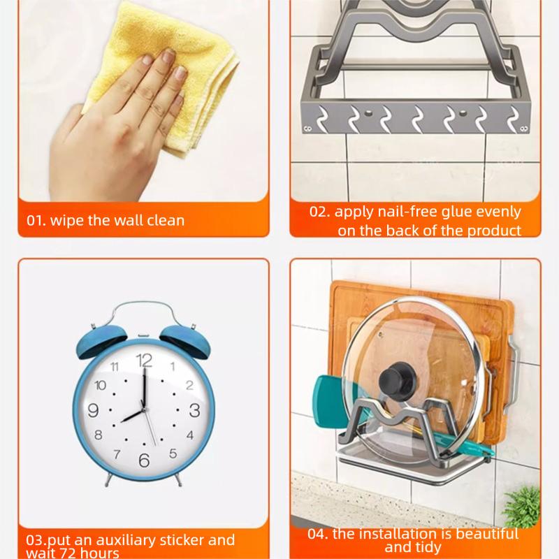 Kitchen Punching Free Pot Lid Rack Gun Ash Wall Mounted with Draining Tray Dish Cutting Board Household Kitchenware Storage Rack