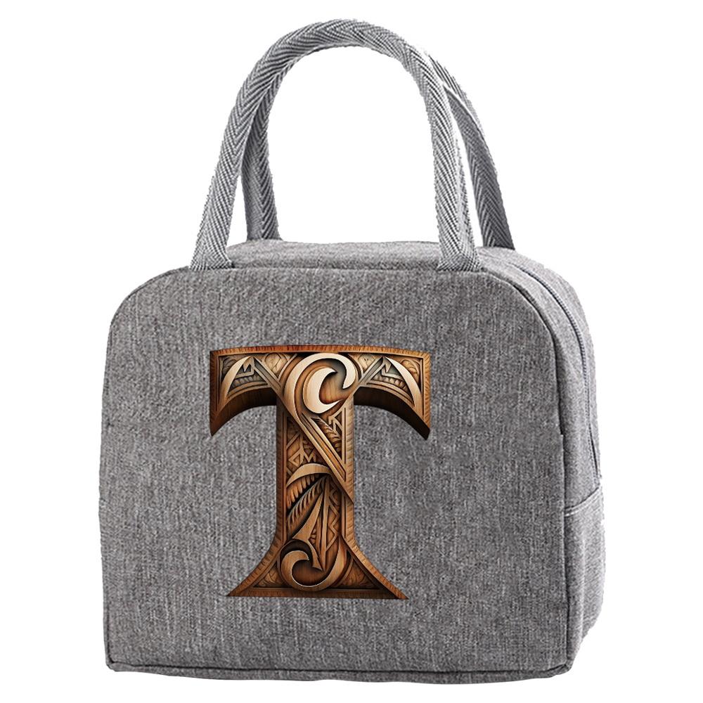 Portable Food Insulation for Traveling Wood Art Letter Printing Box Picnic Waterproof Oxford Zipper Insulation Lunch Bag