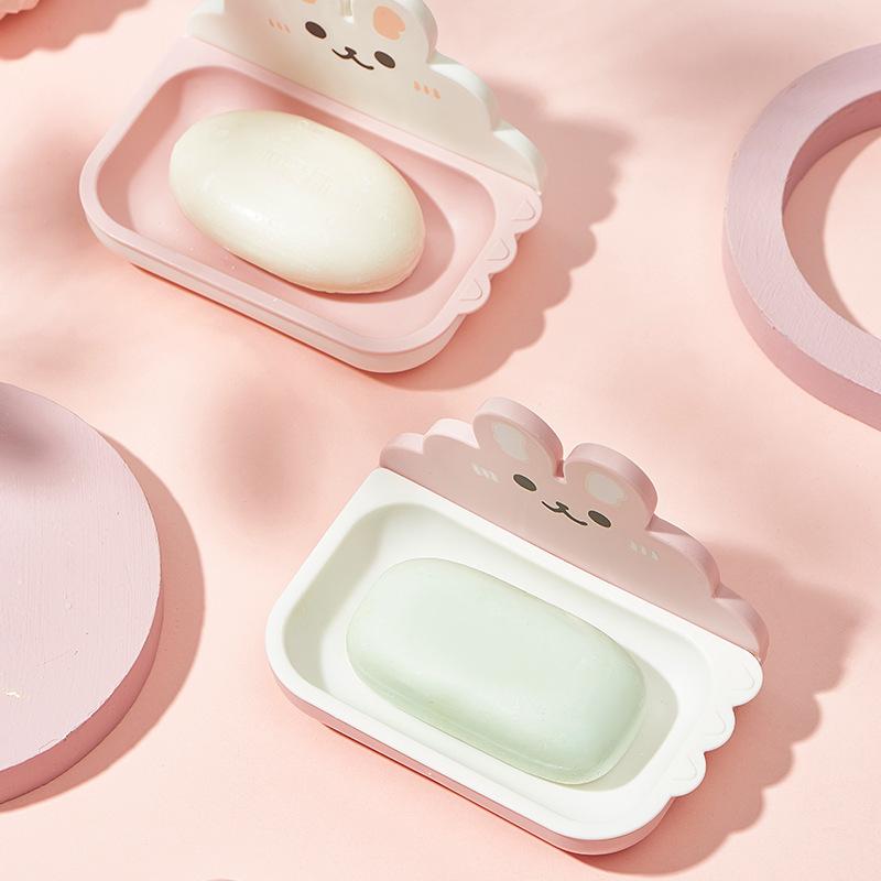 Cute Rabbits Soaps Box Holder Wall Mounted Punch Free Double-Layer Quick Drain Soaps Storage Case Bathroom Accessories