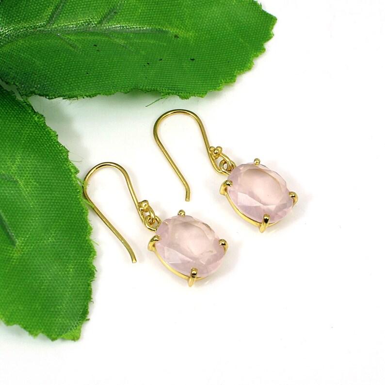 

Solid 925 Sterling Silver Rose Quartz Gold Plated Earrings Drop Earrings Silver Jewelry