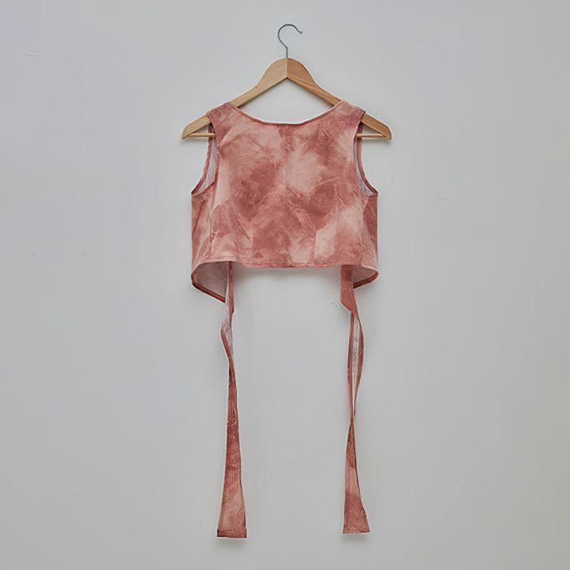 

Summer New Pattern Print Fresh Yoga Lightweight Lace-up Blouse Front and Back Wearable Breathable Zen Exercise Sleeveless Vest Ink color red(No chest pad) One size