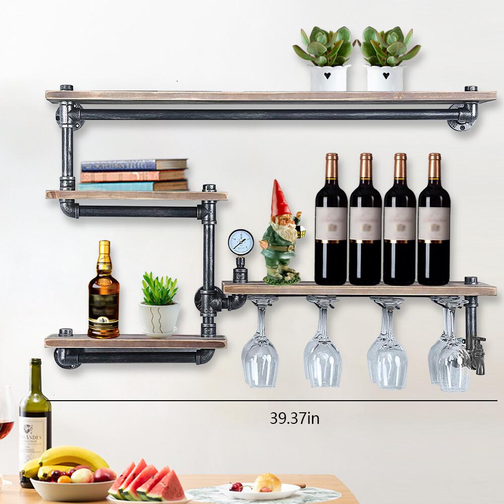 Wall Mounted Wine Rack Shelves, 4 Tier Wine Glass Holder Rack, Sturdy Metal Storage Organizer, Hanging Shelving for Kitchen
