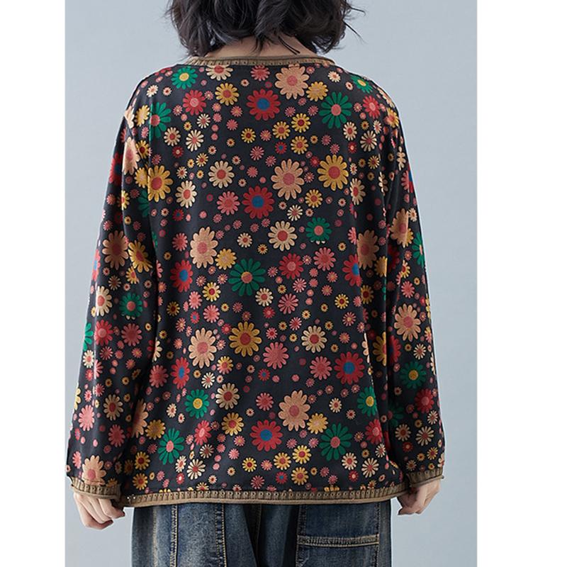 V Neck Loose Long Sleeve Knit T Shirts Tops Female Autumn Fashion Flowers Splices Pullover Tops Women Casual Outwear
