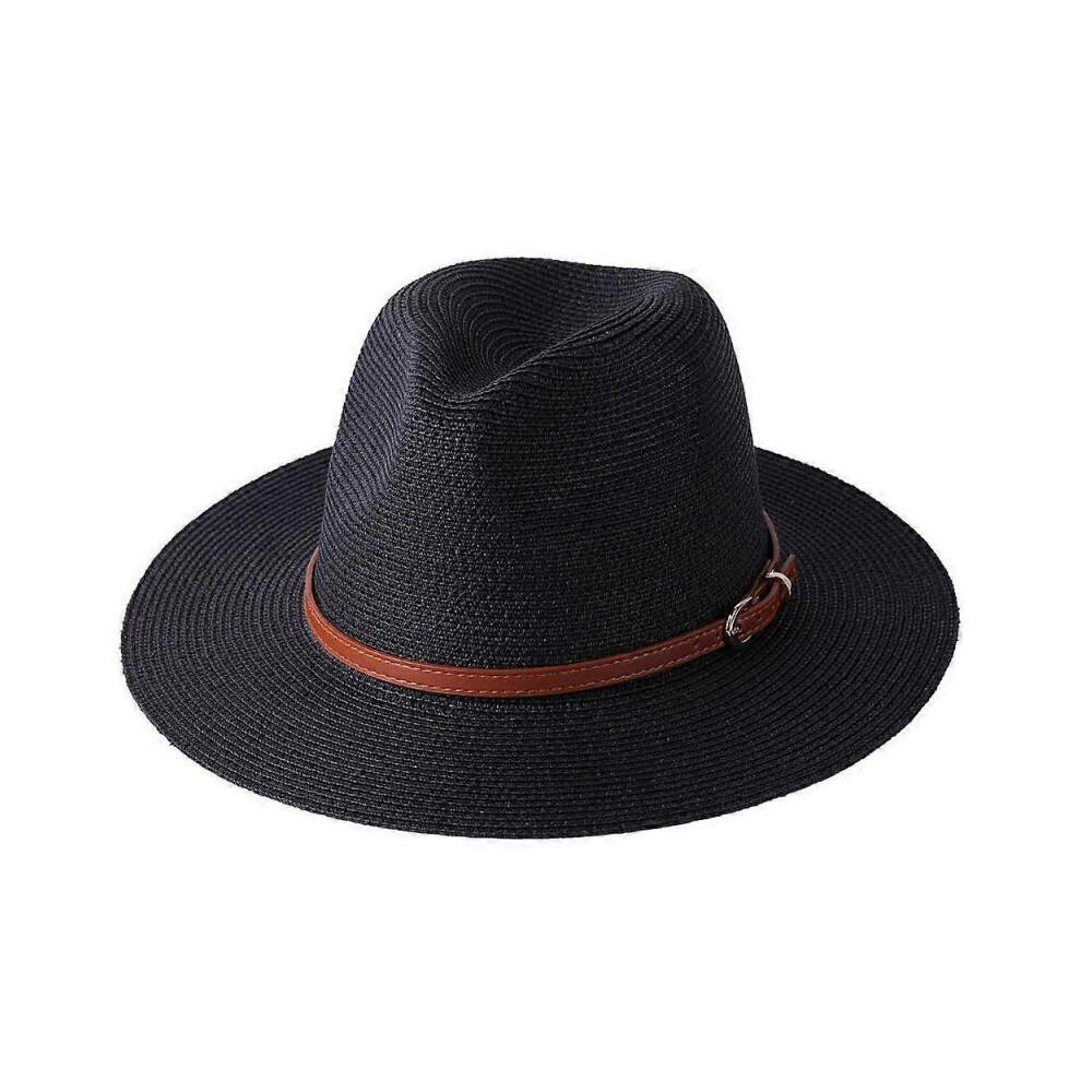 (black) Panama Hat Sun Hats for Women Men Wide Brim Fedora Straw Beach Hat UV UPF 50