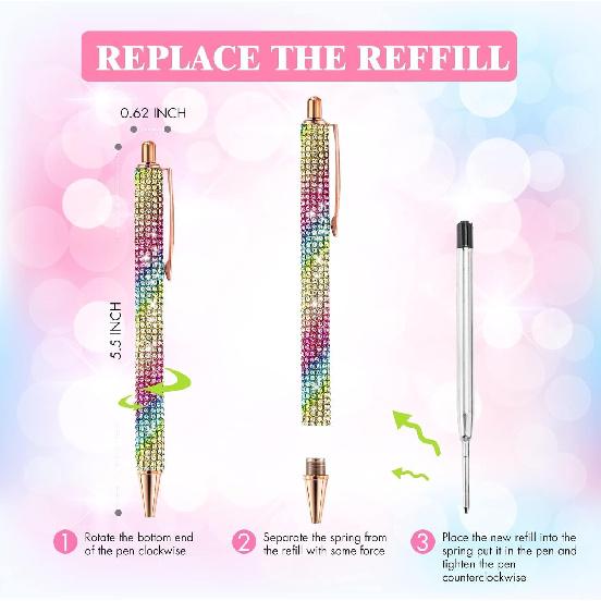 12Pcs Rhinestone Pens Bling Metal Ballpoint Diamond Pens Bulk Fancy Sparkly Crystal Press Retractable Black Ink 0.7mm For Women Office Meeting