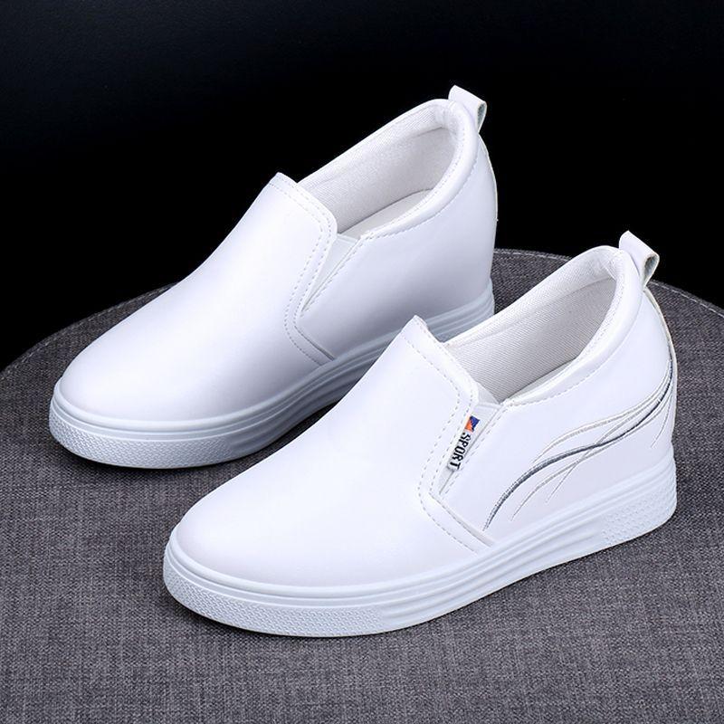 Inner heightening women's shoes leather surface white shoes women's spring and summer new Korean version of slope heel platform casual shoes one peda