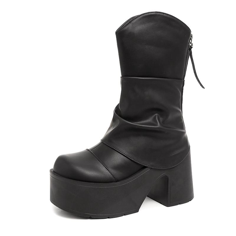 

Fashion 9cm Winter Women Ankle Boots Plush Buckle Strap Block High Heels Platform Boots Party Booty Side Zipper Black Leather Shoes 35 чёрный