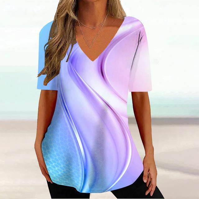 Gradient Stripes Printed V-neck Short Sleeved T-shirt Versatile Comfortable Fashionable Casual Women's T-shirt