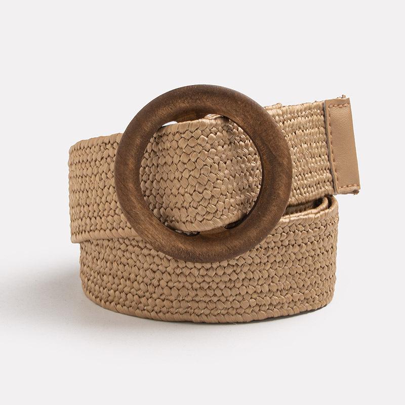 Bohemian-style Belt with Round Wood Buckle, Natural Country Stretch Pp Grass, Natural Women's Belt, Versatile Vacation Belt