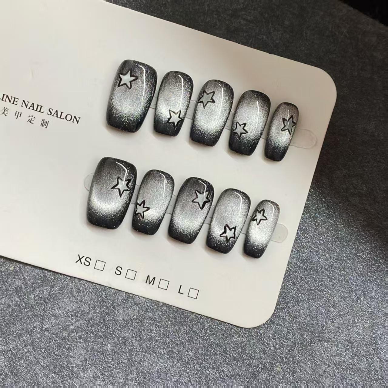 Short Cat Eye Manicure with White-Brightening Gradient and Silver Starry Sky Gloss Medium