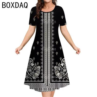 Rochie de damă vintage boemă cu imprimeu etnic de vară mărime mare cu mânecă scurtă gât rotund rochie casual elegantă pentru doamne rochie mini A-line