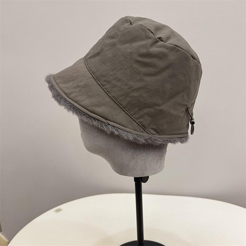 Nylon Waterproof Velvet External Drawstring Front Long Rear Short Basin Hat Women's Winter Literary and Leisure Warm Bucket Hat