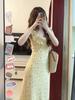 French retro floral medium and long dress women's clothing autumn new temperament holiday square collar ruffle A-shaped skirt