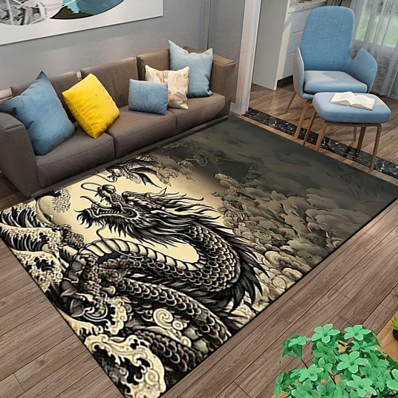 Oriental Dragon Printed Carpet with Ocean Wave Pattern for Home Decor Suitable for use as an anti-slip for living room bedroom sofas